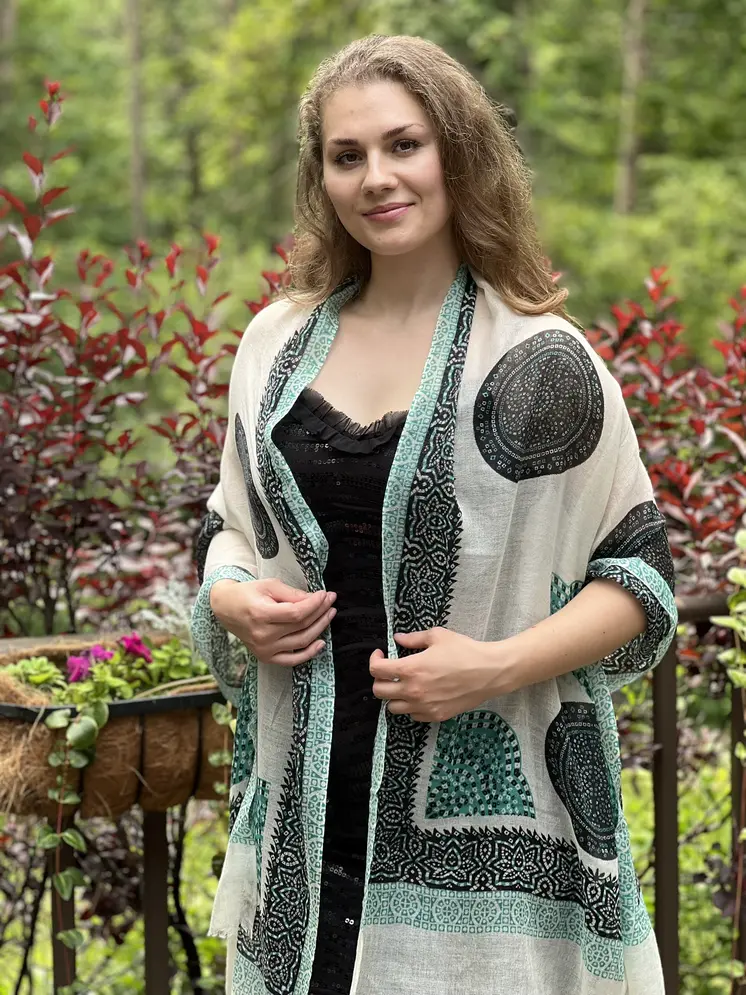 White and Green Hand Painted Wool And Silk Blend Scarf