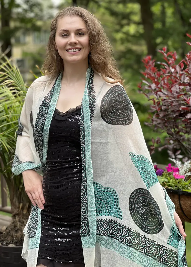 White and Green Hand Painted Wool And Silk Blend Scarf