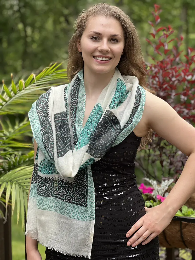 White and Green Hand Painted Wool And Silk Blend Scarf