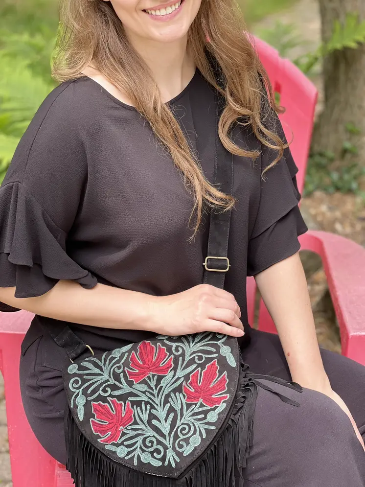 Handmade Green and Red Suede Embroidered Heart Shaped Bag