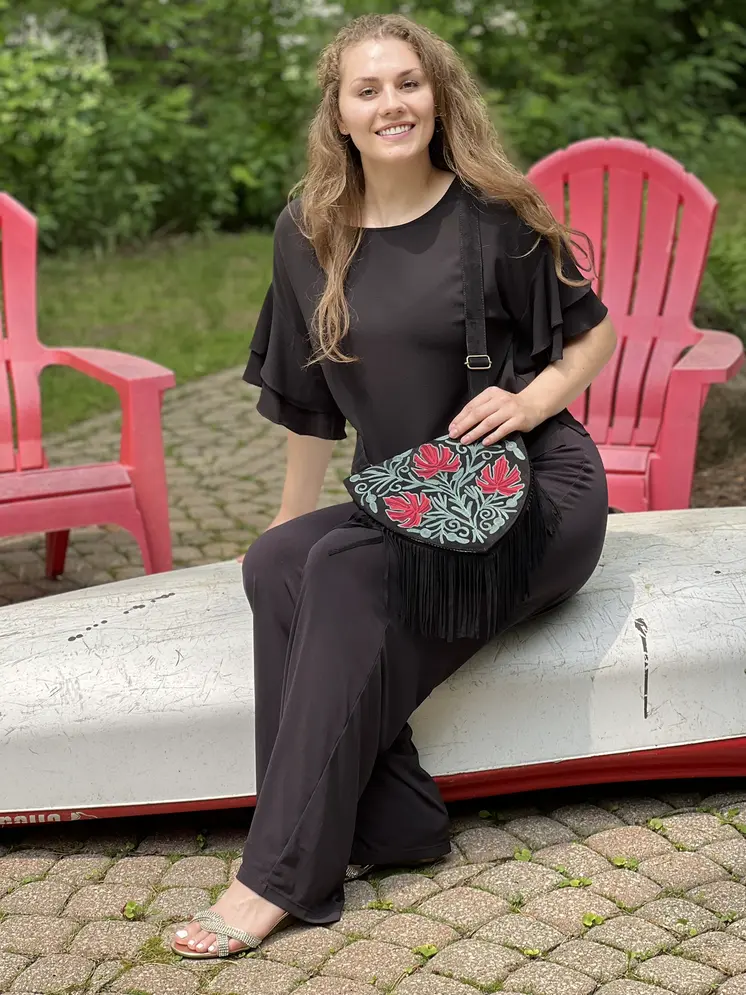 Handmade Green and Red Suede Embroidered Heart Shaped Bag