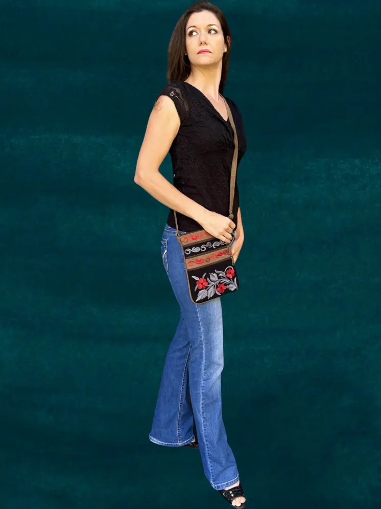 Black And Grey Suede Embroidered Cross-Body Bag