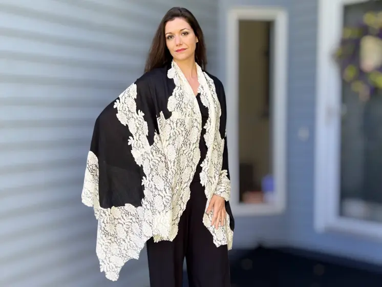 Black And White Wool and Silk Lace Scarf / Wrap