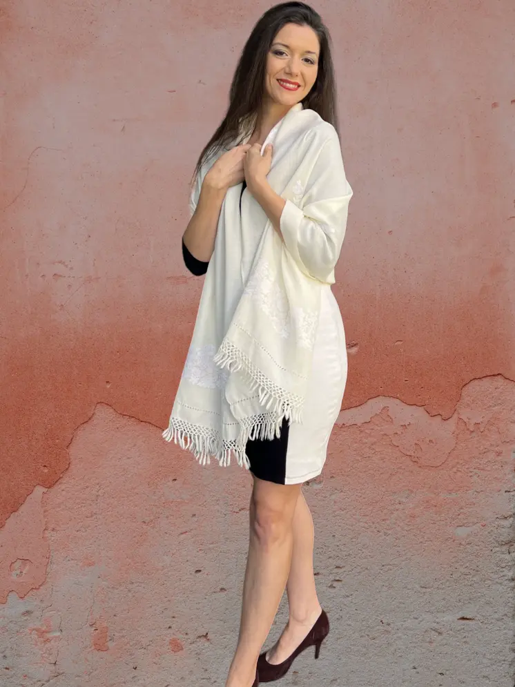 Ivory Embroidered Wool Wrap