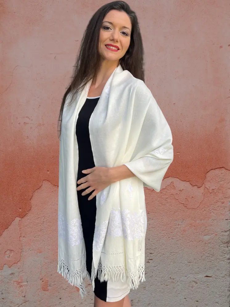 Ivory Embroidered Wool Wrap