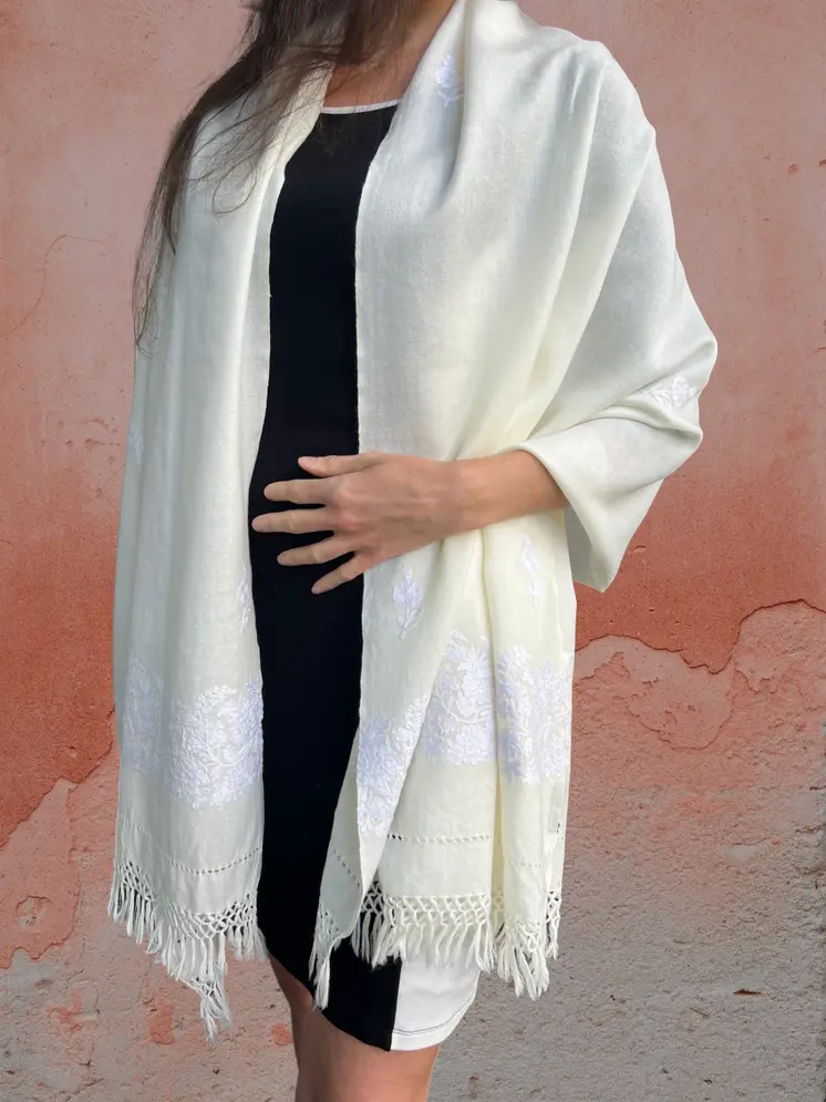 Ivory Embroidered Wool Wrap