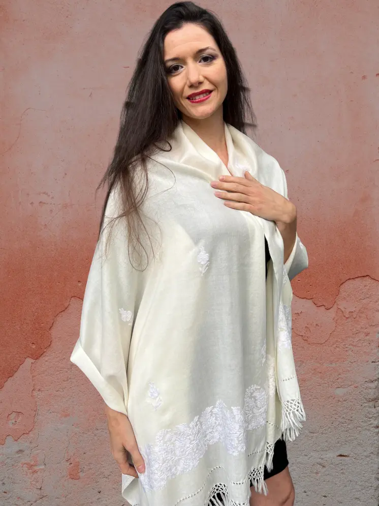 Ivory Embroidered Wool Wrap