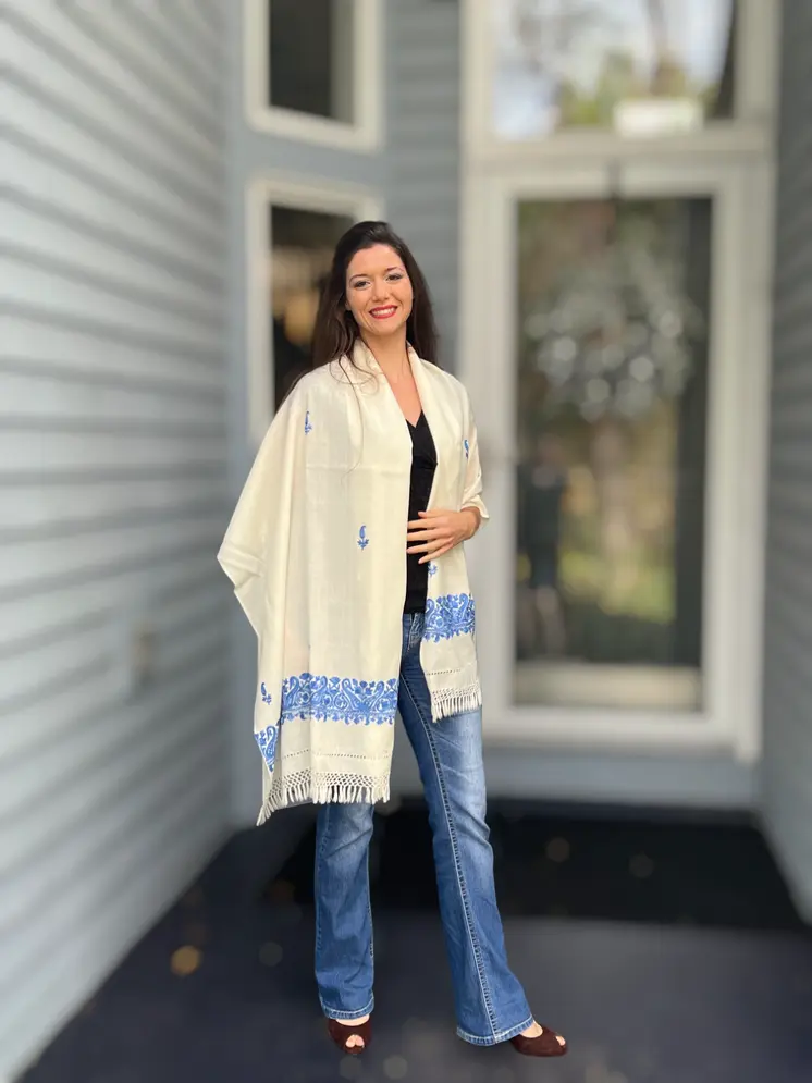 Sapphire and Ivory Embroidered Wool Wrap