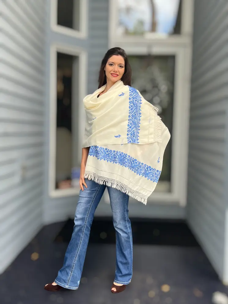 Sapphire and Ivory Embroidered Wool Wrap
