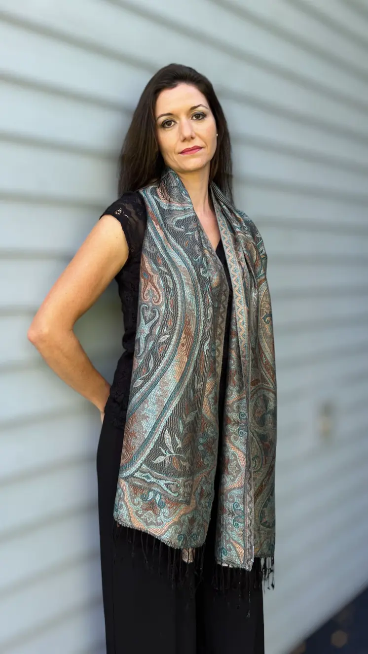 Teal and Gold Jamawar Pashmina Scarf