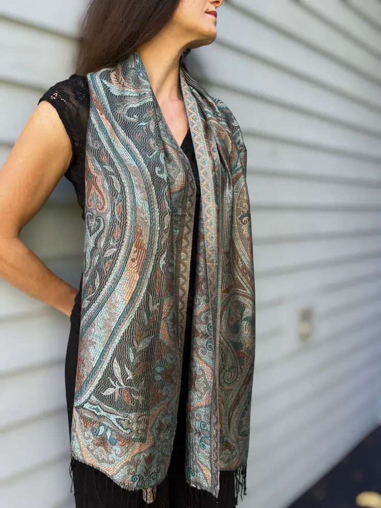 Teal and Gold Jamawar Pashmina Scarf