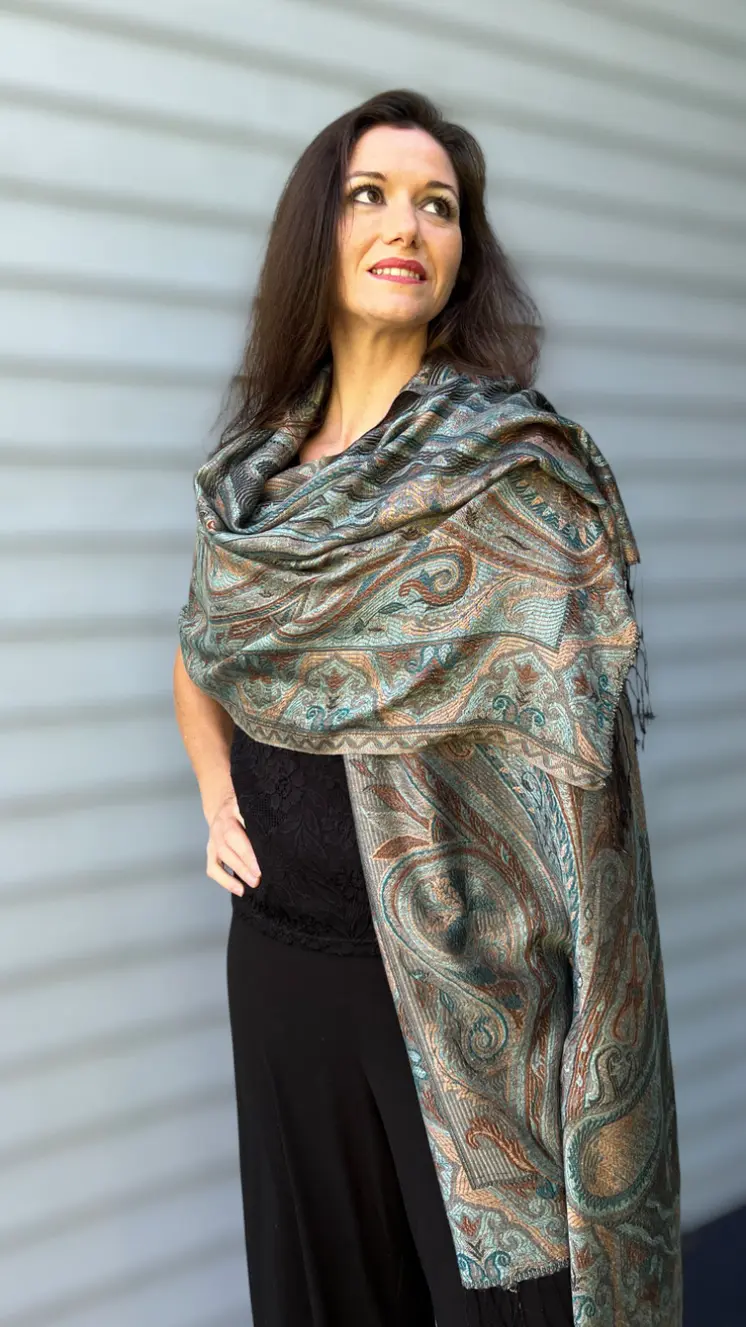 Teal and Gold Jamawar Pashmina Scarf