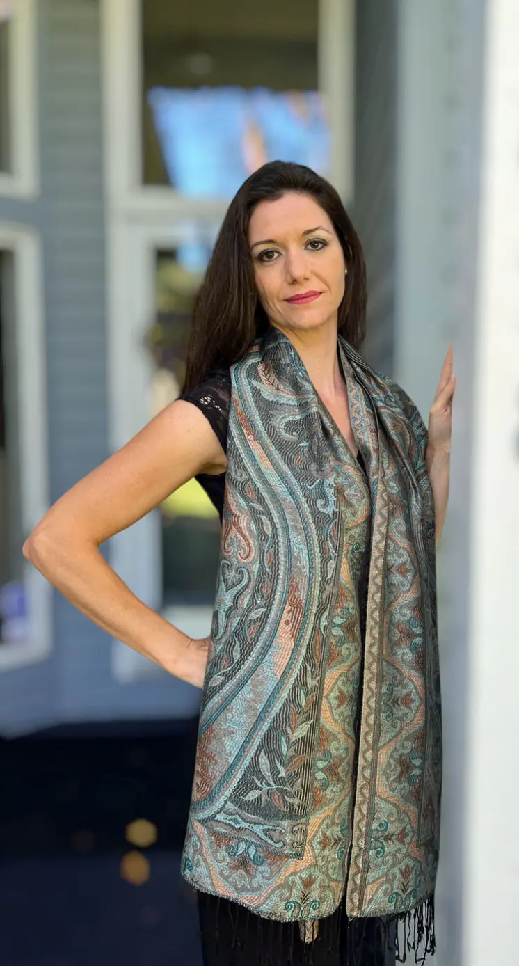 Teal and Gold Jamawar Pashmina Scarf