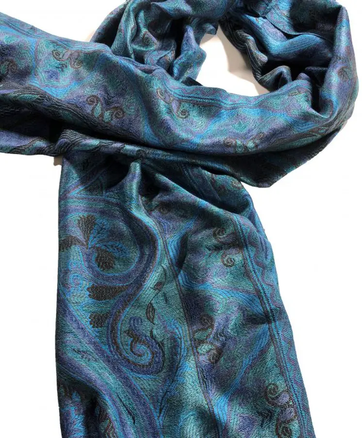 Blue and green Jamawar pashmina scarf