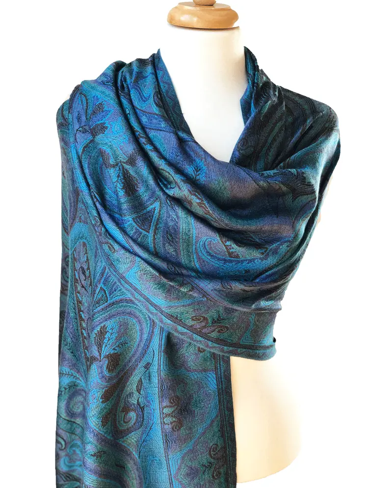Blue and green Jamawar pashmina scarf