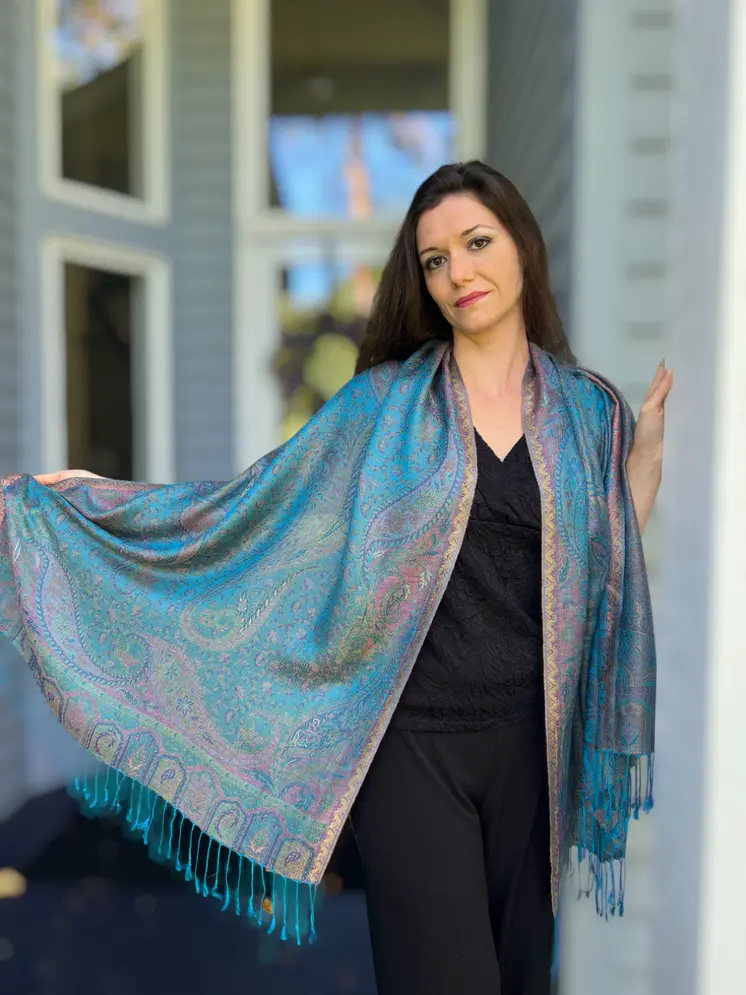 Turquoise jamawar pashmina scarf