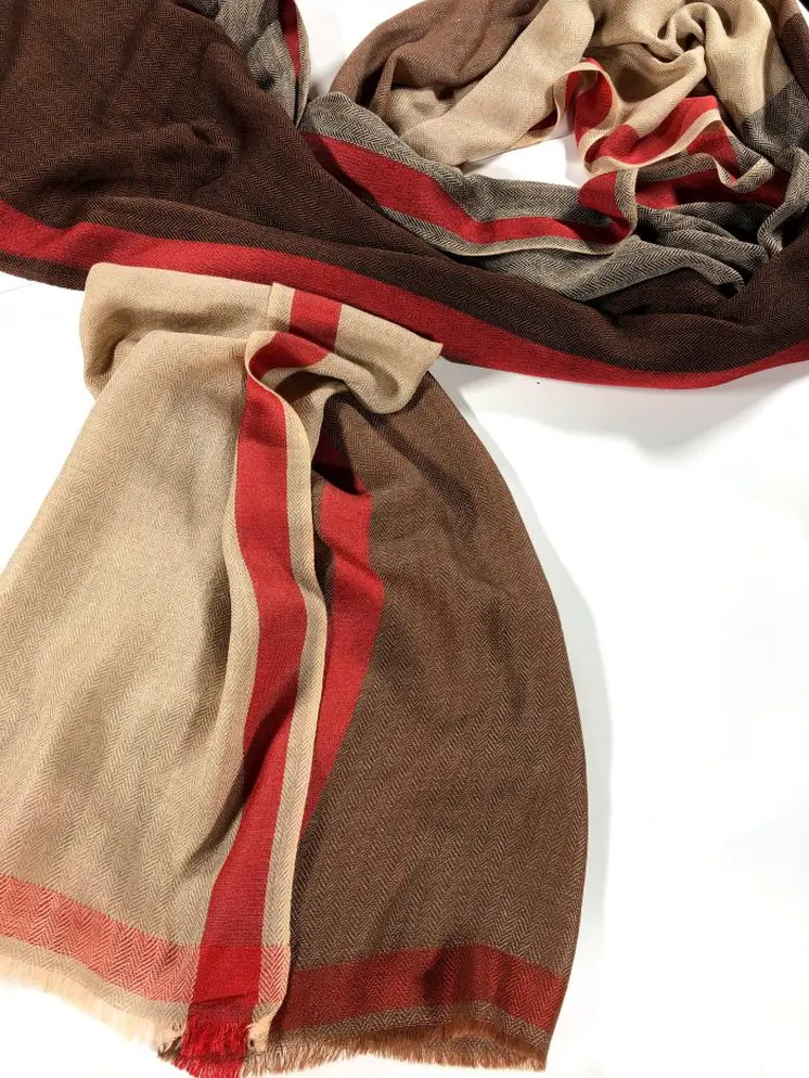 Brown Classic Plaid Herringbone Wool And Silk Scarf