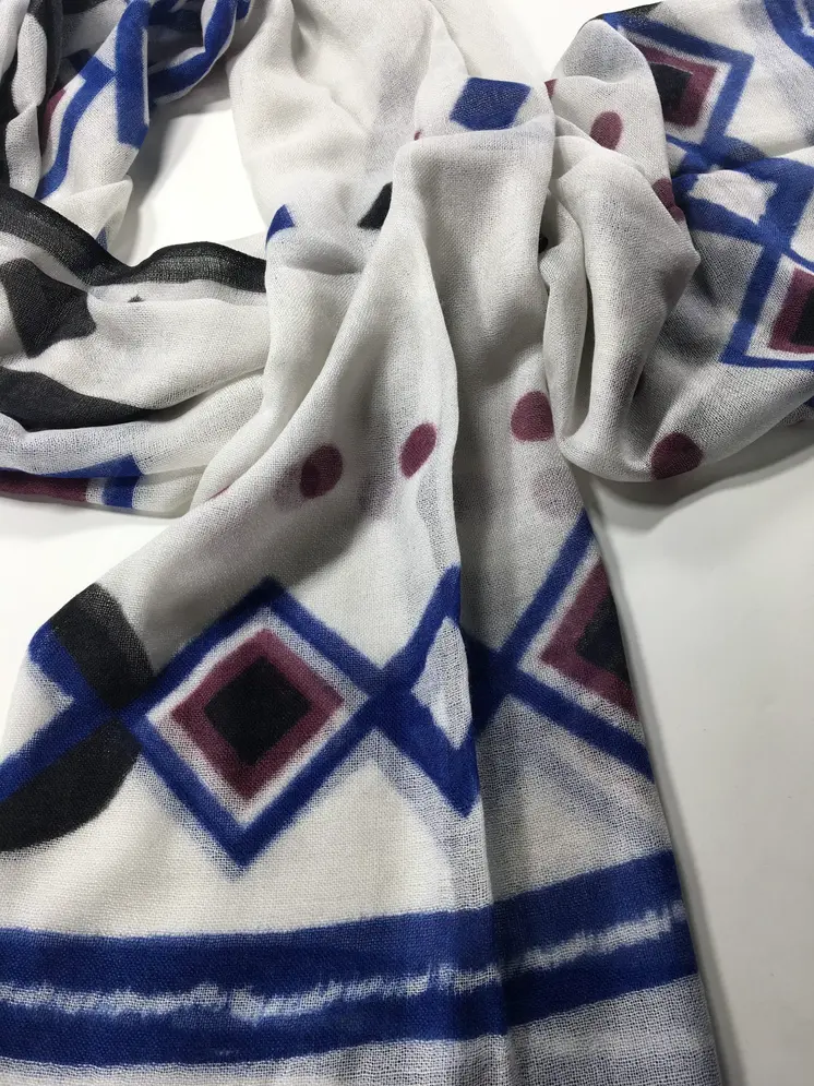 Blue Hand Painted Wool Print Scarf
