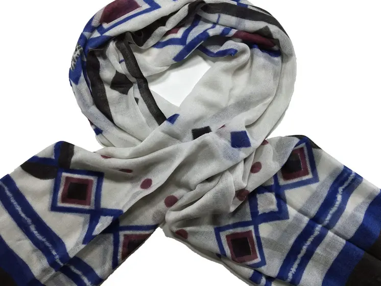 Blue Hand Painted Wool Print Scarf