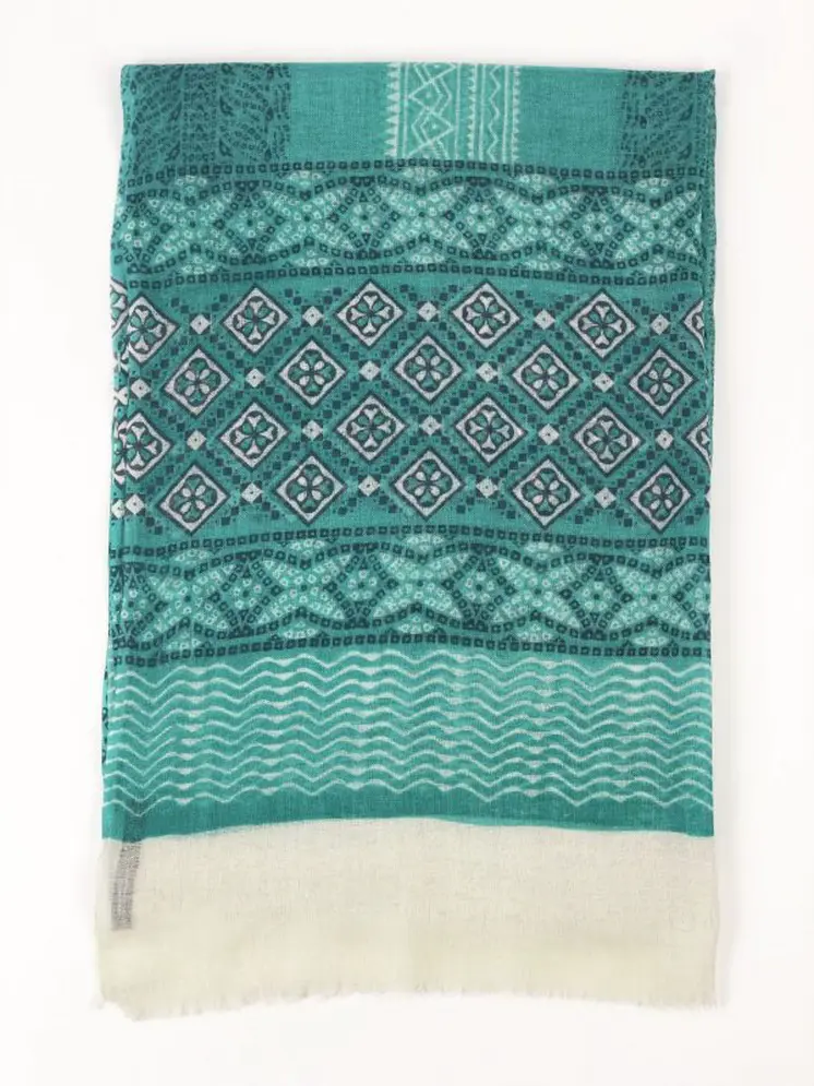Green Hand Painted Wool And Silk Blend Scarf