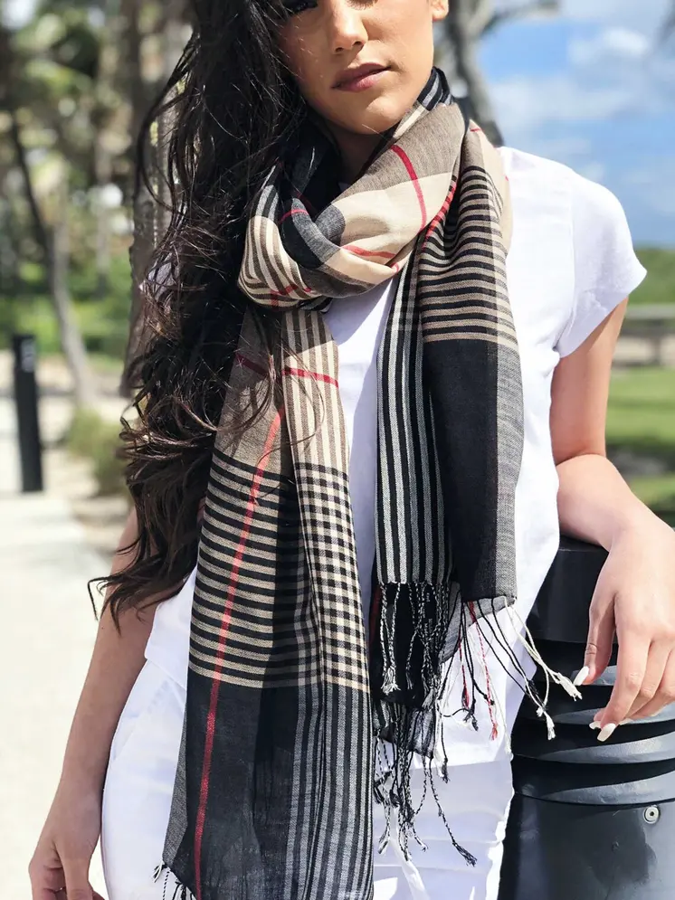 Hand Loomed Black Wool And Silk Check Scarf