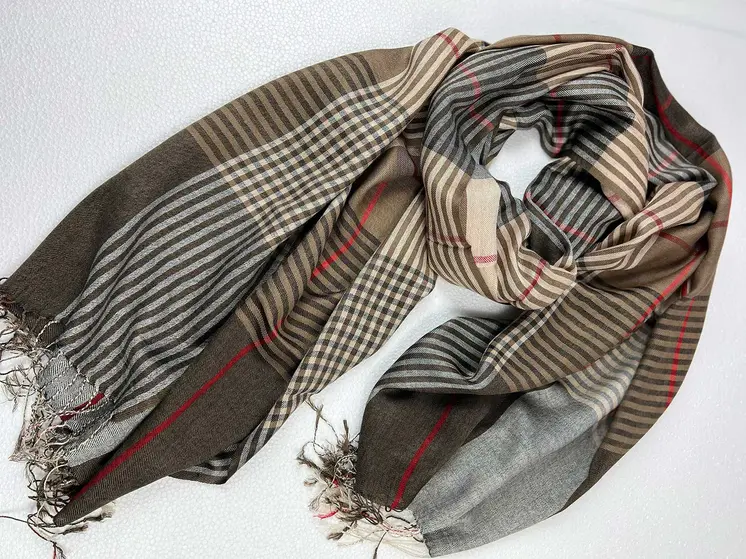 Hand loomed Brown Wool And Silk Check Scarf