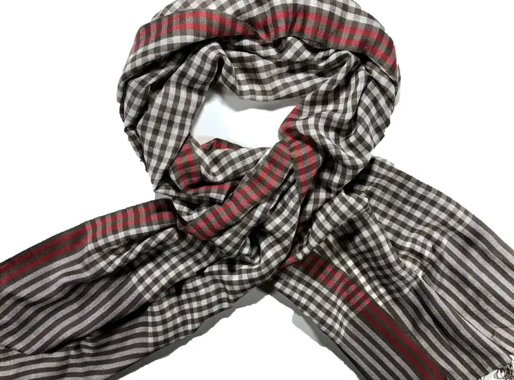 Hand Loomed Brown Wool And Silk Blend Check Scarf