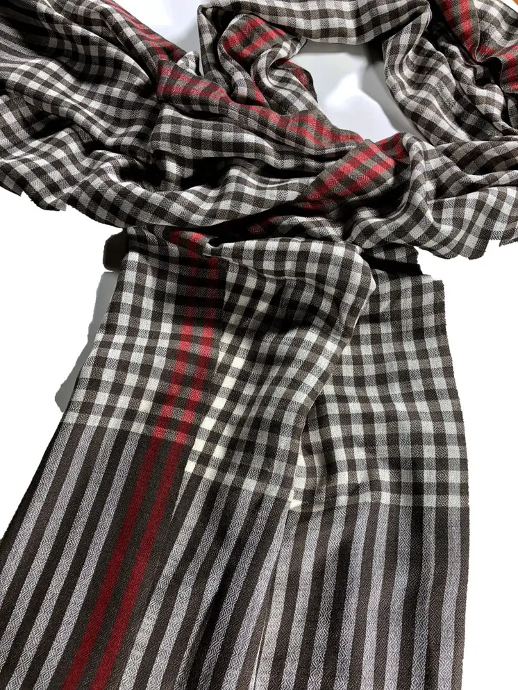 Hand Loomed Brown Wool And Silk Blend Check Scarf