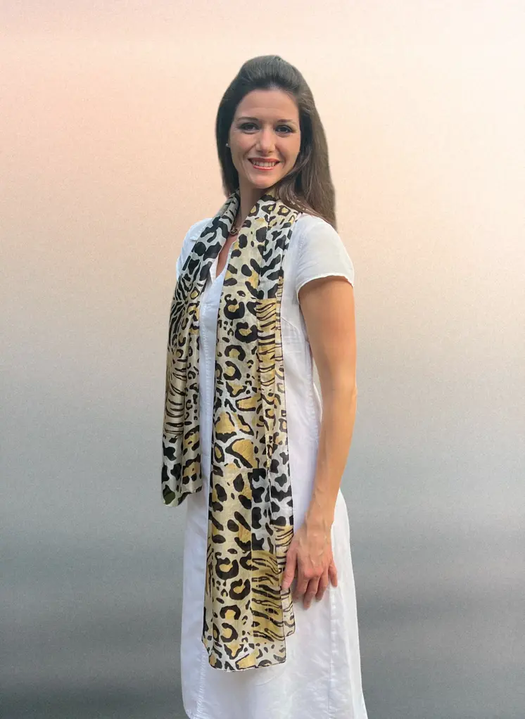 Beige Leopard Yellow Silk Scarf