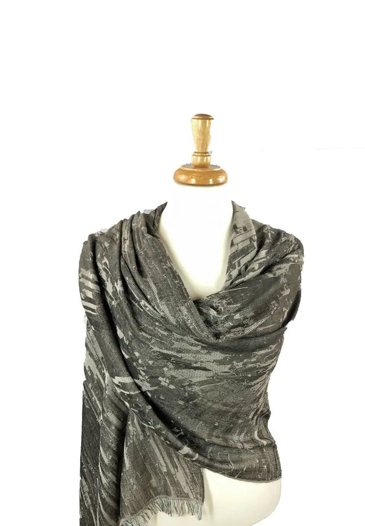 Bark Grey Cotton and Wool Blend Abstract Scarf