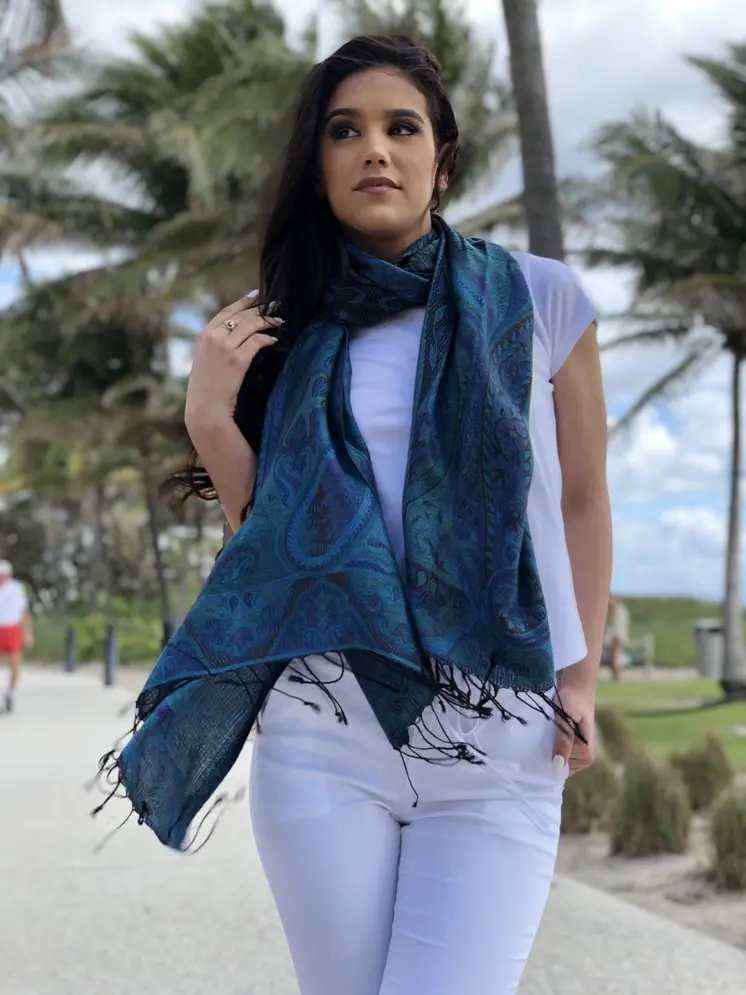 Blue and green Jamawar pashmina scarf