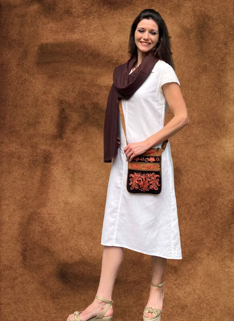 Suede Embroidered Peach and Black Five Zipper Cross Body Bag