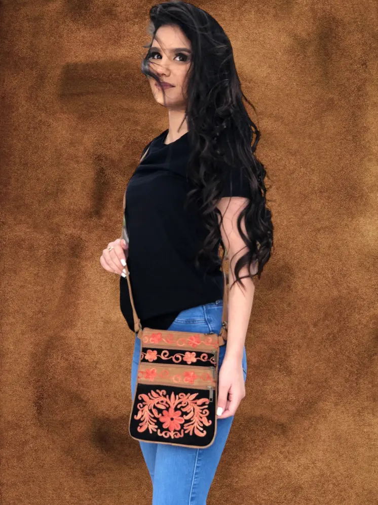 Suede Embroidered Peach and Black Five Zipper Cross Body Bag