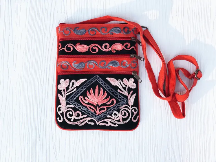 Suede Embroidered Five Zipper Cross-Body Bag