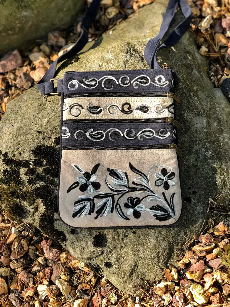Suede Embroidered Grey and Navy Five Zipper Cross Body Bag