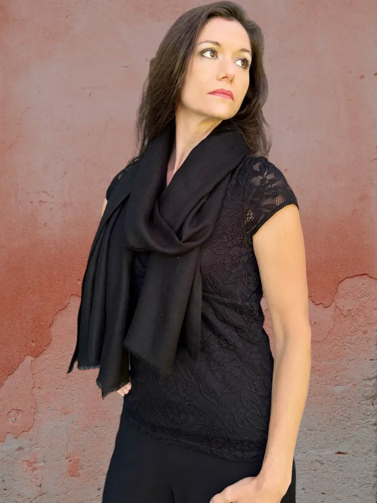 Black Solid Wool Lightweight Scarf