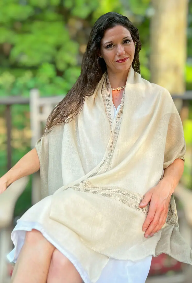 Beige and Ivory Beaded Wool and Silk Ombre Scarf / Wrap