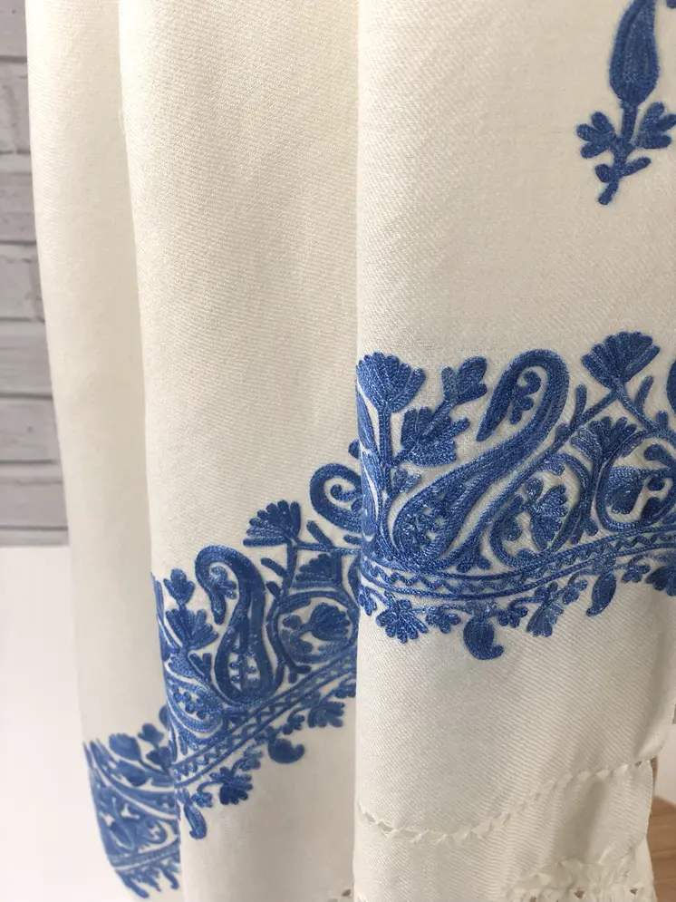 Sapphire and Ivory Embroidered Wool Wrap