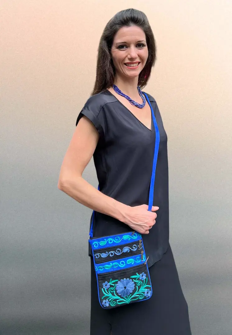 Suede Embroidered Blue and Black Five Zipper Cross Body Bag