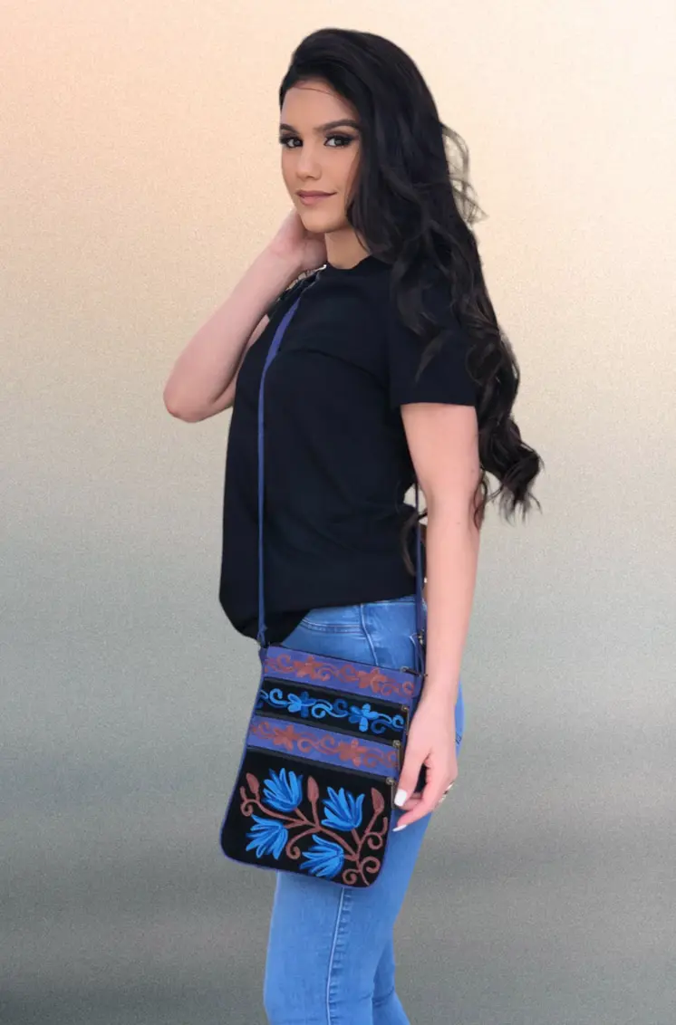 Blue And Black Suede Embroidered Cross-Body Bag