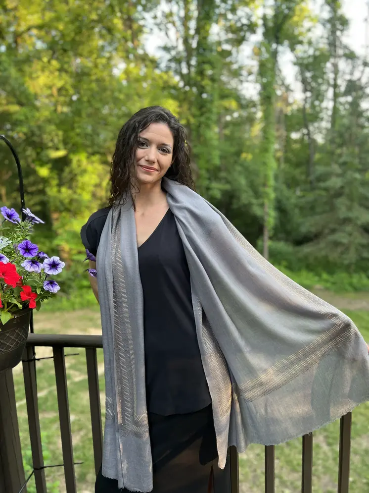 Gray Beaded Wool and Silk Scarf / Wrap