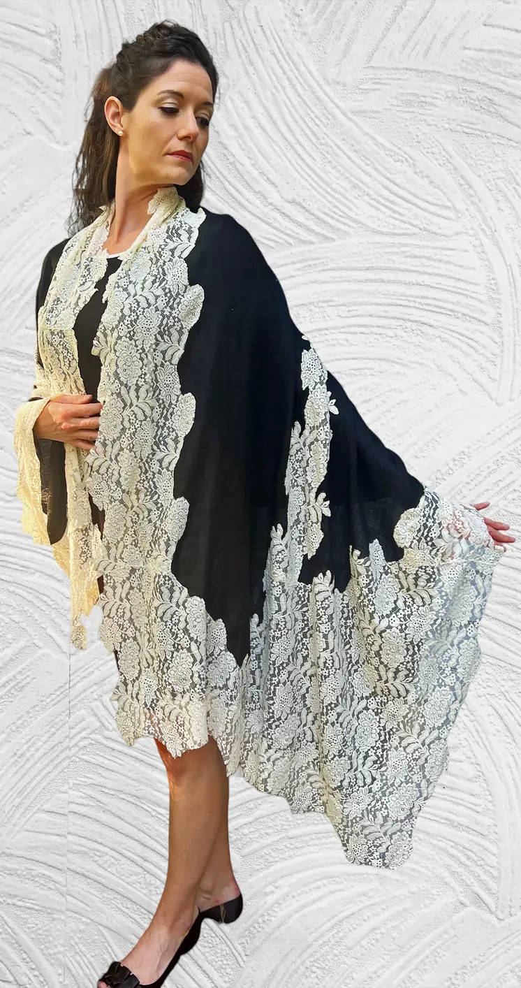 Black And White Wool and Silk Lace Scarf / Wrap