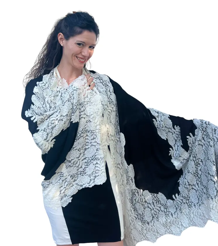 Black And White Wool and Silk Lace Scarf / Wrap