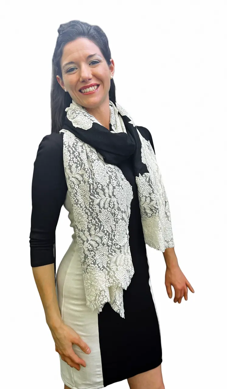 Black And White Wool and Silk Lace Scarf / Wrap