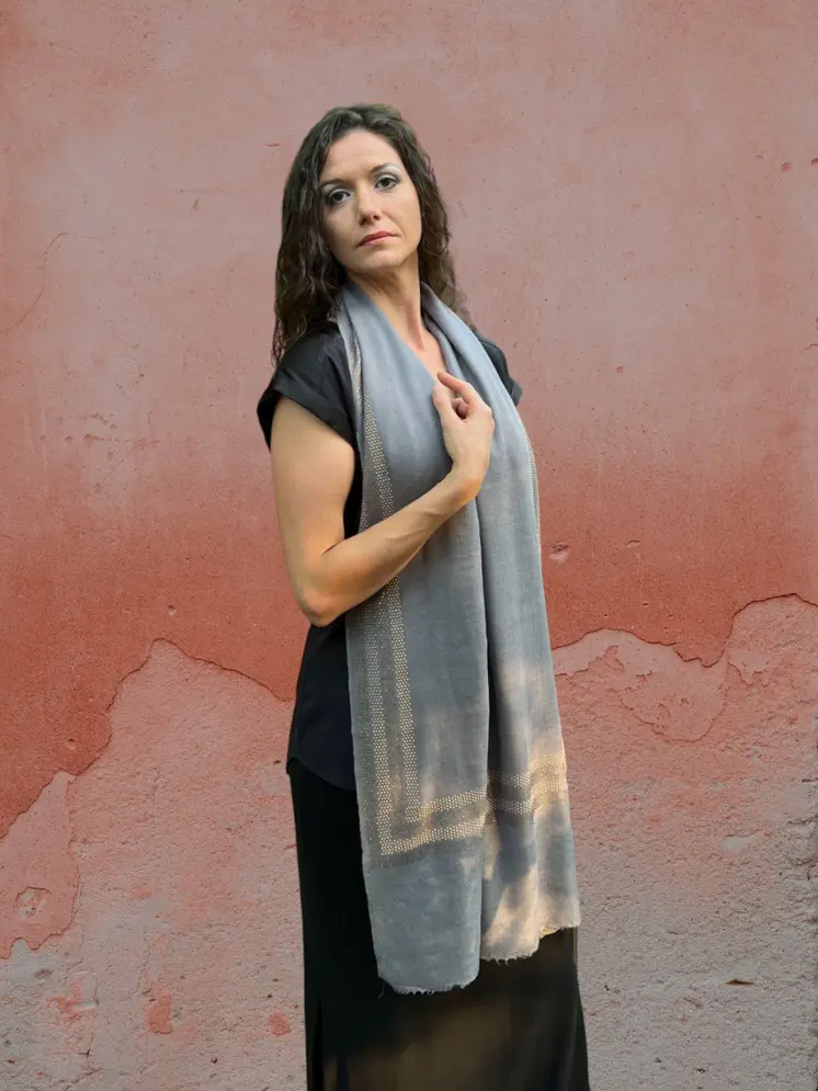 Gray Beaded Wool and Silk Scarf / Wrap