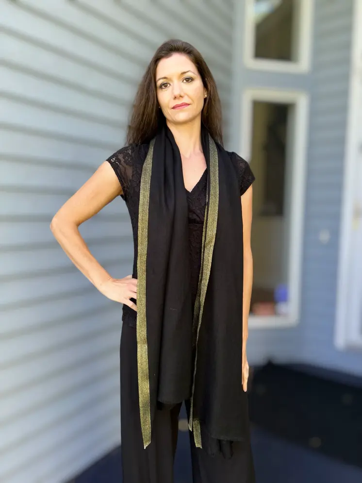 Black Wool and Silk Solid Scarf with Gold Glitter