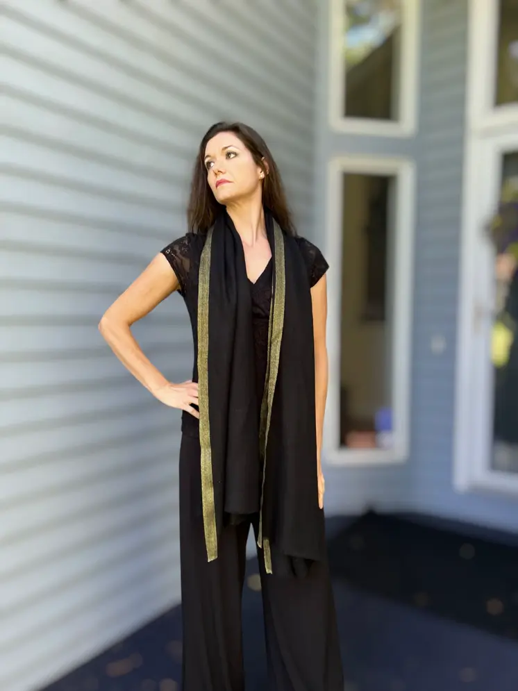 Black Wool and Silk Solid Scarf with Gold Glitter