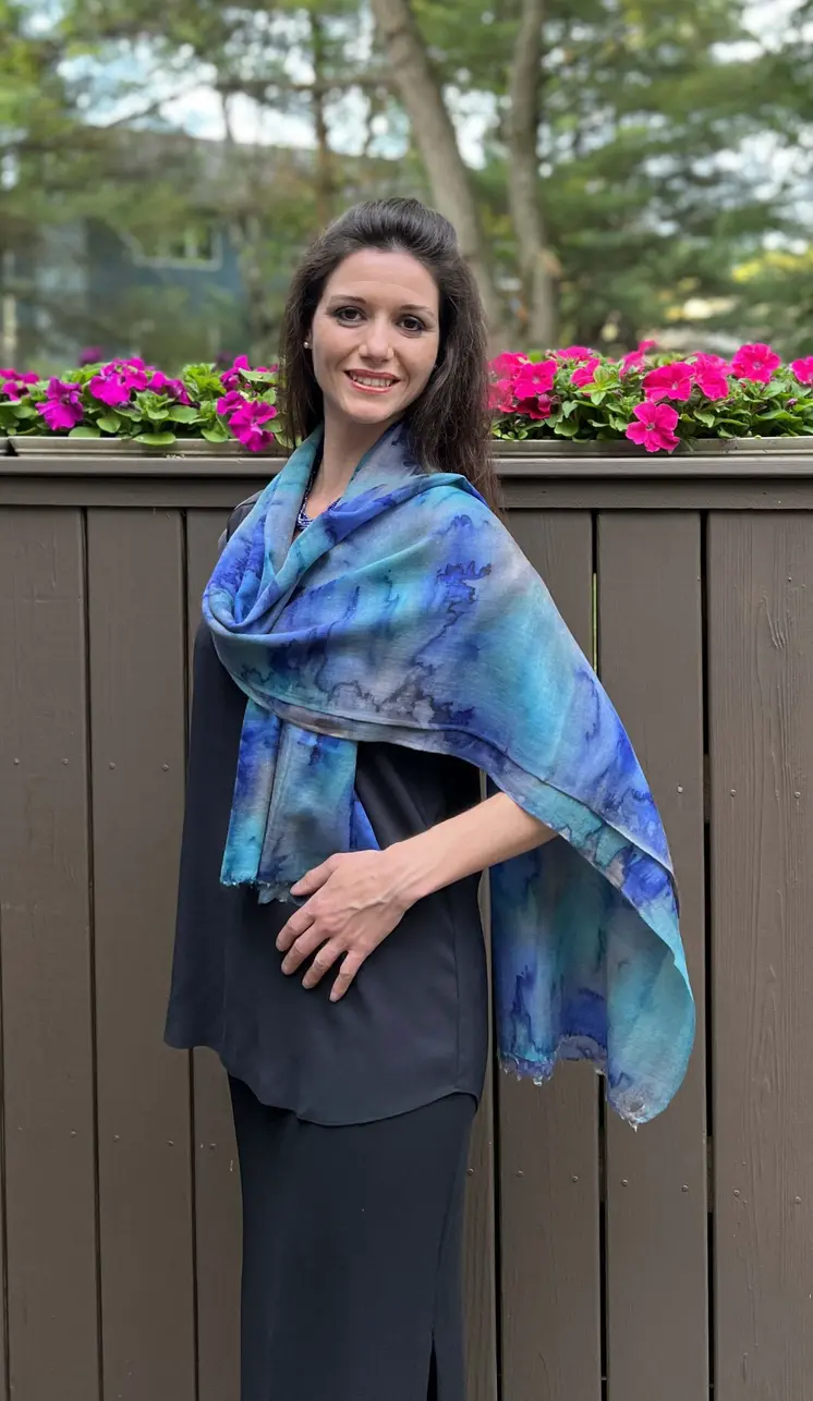 Hand Painted Blue Watercolor Wool & Silk Scarf