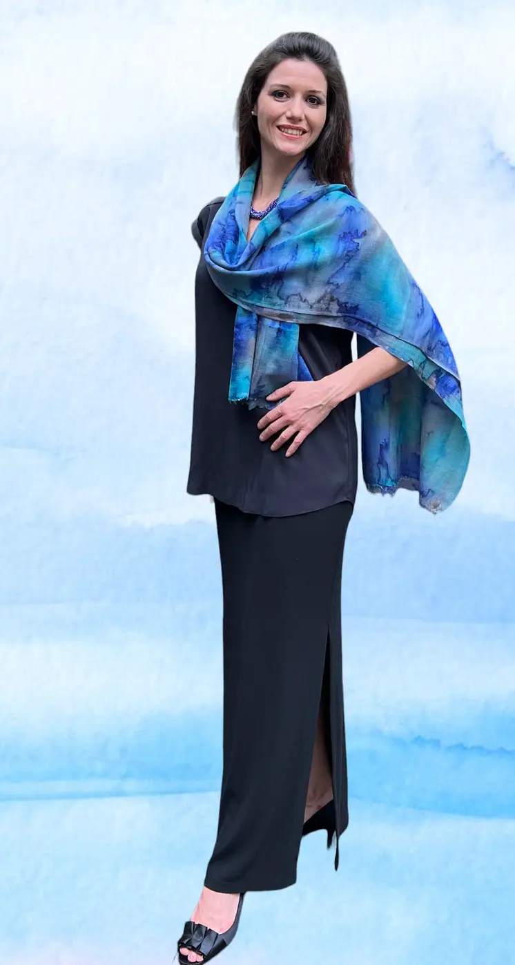 Hand Painted Blue Watercolor Wool & Silk Scarf