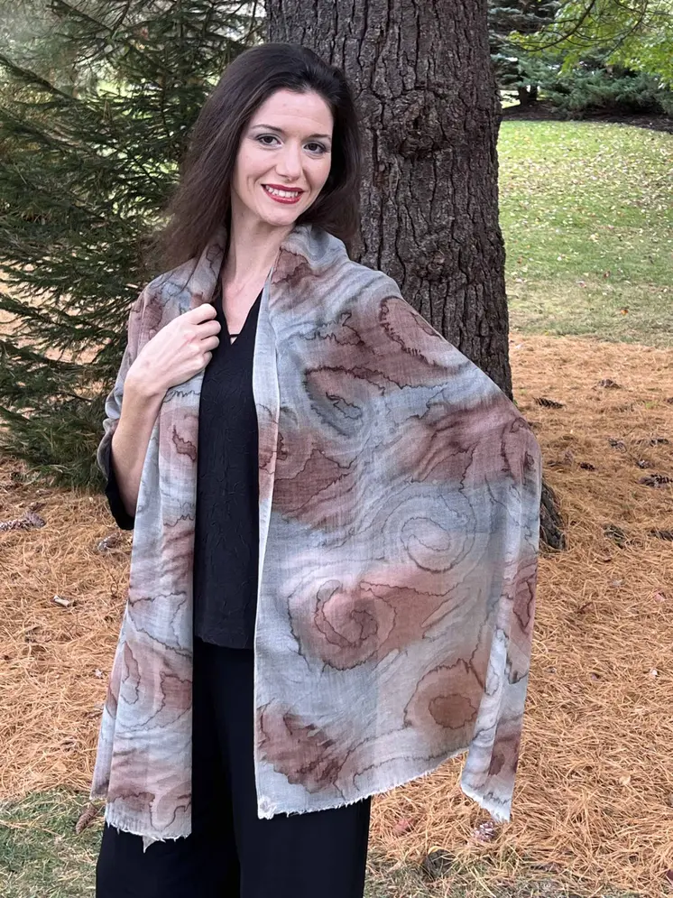 Hand Painted Grey and Rust Watercolor Wool & Silk Scarf